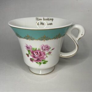 Billy Madison "Stop Looking At Me Swan" Handle Gold Rim Tea Cup Rosa Gallica